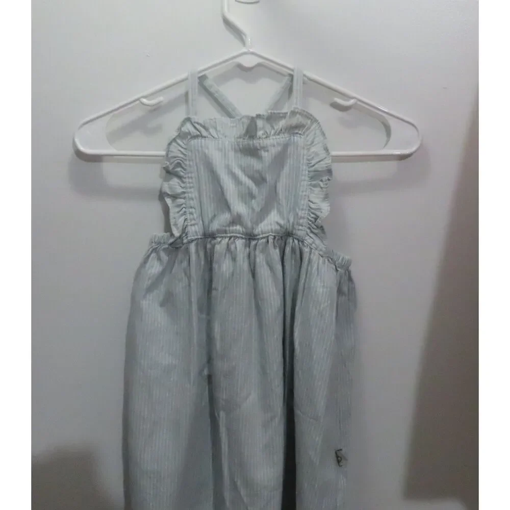 Classic Cottagecore Light Blue Striped Ruffle-Trim Cross-Back Sundress Size 3Y